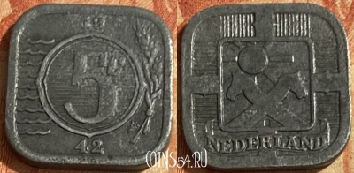 Нидерланды 5 центов 1942 года, KM# 172, 463q-566 ♛