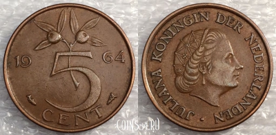 Нидерланды 5 центов 1964 года, см. состояние, 77-035a