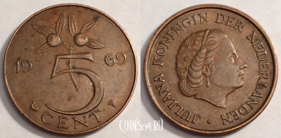 Нидерланды 5 центов 1969 года, см. состояние, 70-005b