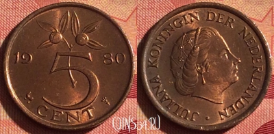 Нидерланды 5 центов 1980 года, KM# 181, 221i-016
