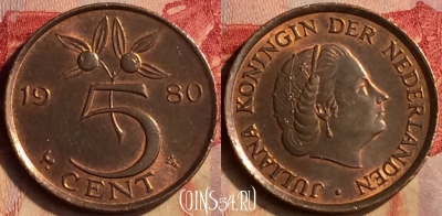 Нидерланды 5 центов 1980 года, KM# 181, 404-128