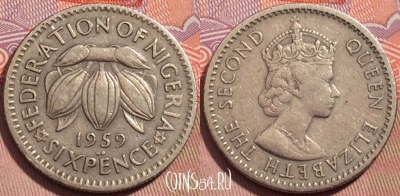 Нигерия 6 пенсов 1959 года, KM# 4, 244-064
