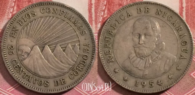 Никарагуа 25 сентаво 1954 года, KM# 18.1, 191-065
