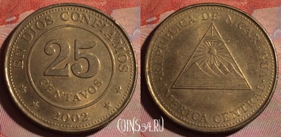 Никарагуа 25 сентаво 2002 года, KM# 99, 151f-042