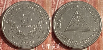 Никарагуа 5 кордоб 2000 года, KM# 90, 376r-016 ♛