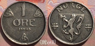 Норвегия 1 эре 1943 года, KM# 387, 148c-050