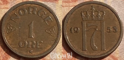 Норвегия 1 эре 1953 года, KM# 398, 487р-104