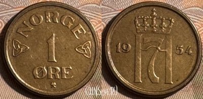 Норвегия 1 эре 1954 года, KM# 398, 484s-132