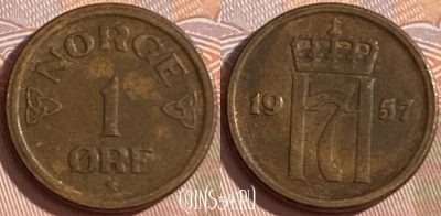 Норвегия 1 эре 1957 года, KM# 398, 472r-014