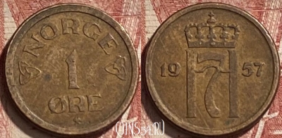 Норвегия 1 эре 1957 года, KM# 398, 463r-552