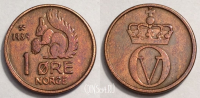 Норвегия 1 эре 1959 года, KM# 403, 70-066b