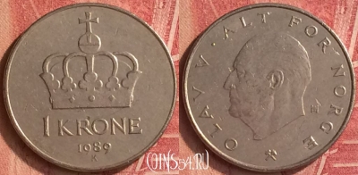 Норвегия 1 крона 1989 года, KM# 419, 346n-120