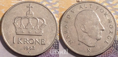 Норвегия 1 крона 1992 года, KM# 436, 193-019