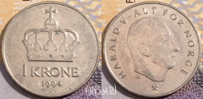 Норвегия 1 крона 1994 года, KM# 436, 193-083