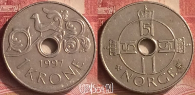 Норвегия 1 крона 1997 года, KM# 462, 182m-076
