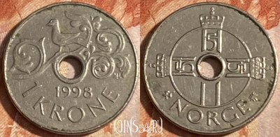 Норвегия 1 крона 1998 года, KM# 462, 162r-018