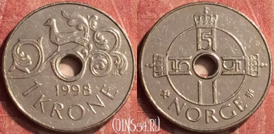 Норвегия 1 крона 1998 года, KM# 462, 409-048