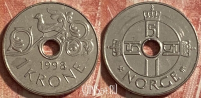 Норвегия 1 крона 1998 года, KM# 462, 484р-077 ♛