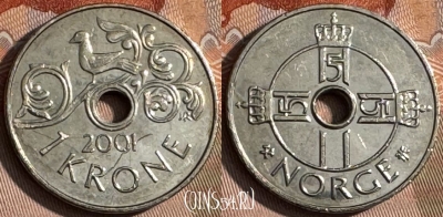 Норвегия 1 крона 2001 года, KM# 462, 142s-085