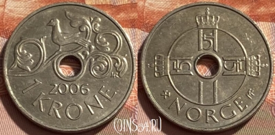 Норвегия 1 крона 2006 года, KM# 462, 494р-122