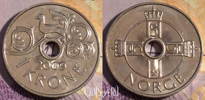 Норвегия 1 крона 2009 года, KM# 462, 188a-140