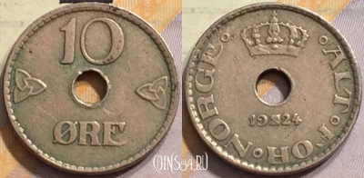 Норвегия 10 эре 1924 года, KM# 383, 148-022