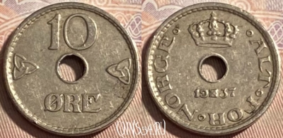 Норвегия 10 эре 1937 года, KM# 383, 498р-022