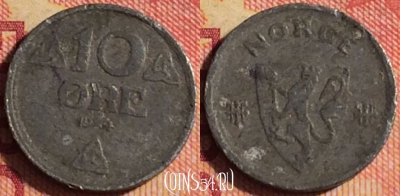Норвегия 10 эре 1944 года, редкая, KM# 389, 178j-095