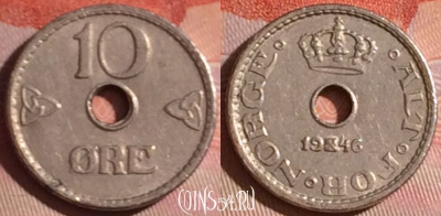 Норвегия 10 эре 1946 года, KM# 383, 049i-133