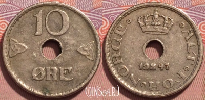 Норвегия 10 эре 1947 года, KM# 383, 241-136