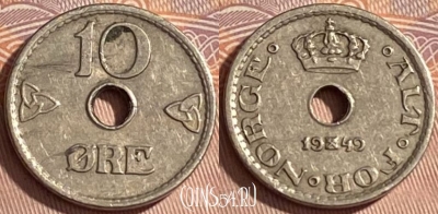 Норвегия 10 эре 1949 года, KM# 383, 461r-356