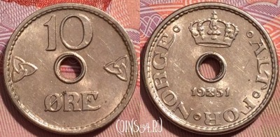 Норвегия 10 эре 1951 года, KM# 383, 242-104