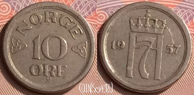Норвегия 10 эре 1957 года, KM# 396, 398-027