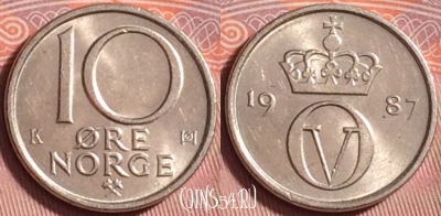 Норвегия 10 эре 1987 года, KM# 416, 207k-056