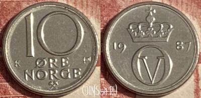 Норвегия 10 эре 1987 года, KM# 416, 372r-038