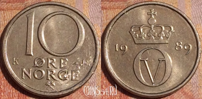Норвегия 10 эре 1989 года, KM# 416, 163a-109
