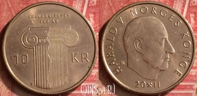 Норвегия 10 крон 2011 года, KM# 484, UNC, 291m-074