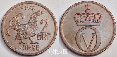 Норвегия 2 эре 1966 года, KM# 410, 80-021a