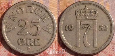 Норвегия 25 эре 1952 года, KM# 401, 155a-059