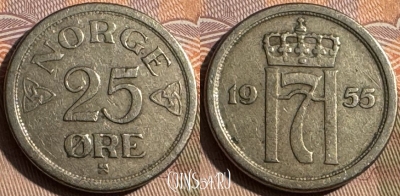Норвегия 25 эре 1955 года, KM# 401, s480s-122