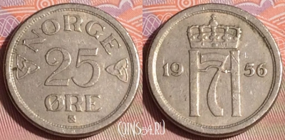 Норвегия 25 эре 1956 года, KM# 401, 260c-066