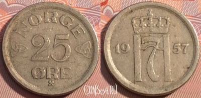 Норвегия 25 эре 1957 года, KM# 401, 125b-097