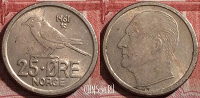 Норвегия 25 эре 1961 года, KM# 407, 210-081