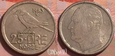 Норвегия 25 эре 1963 года, KM# 407, 108b-010