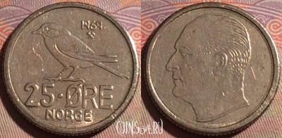 Норвегия 25 эре 1969 года, KM# 407, 141b-139