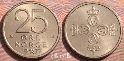 Норвегия 25 эре 1977 года, KM# 417, 122a-138