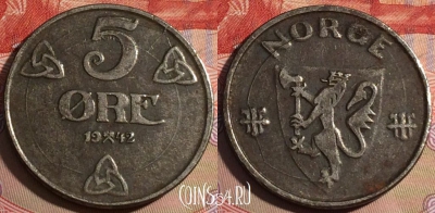 Норвегия 5 эре 1942 года, KM# 388, 218a-065