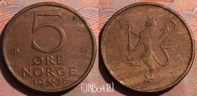 Норвегия 5 эре 1976 года, KM# 415, 250a-136