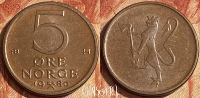 Норвегия 5 эре 1980 года, KM# 415, 462r-146