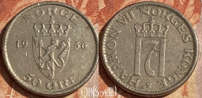 Норвегия 50 эре 1956 года, KM# 402, 104r-056 ♛